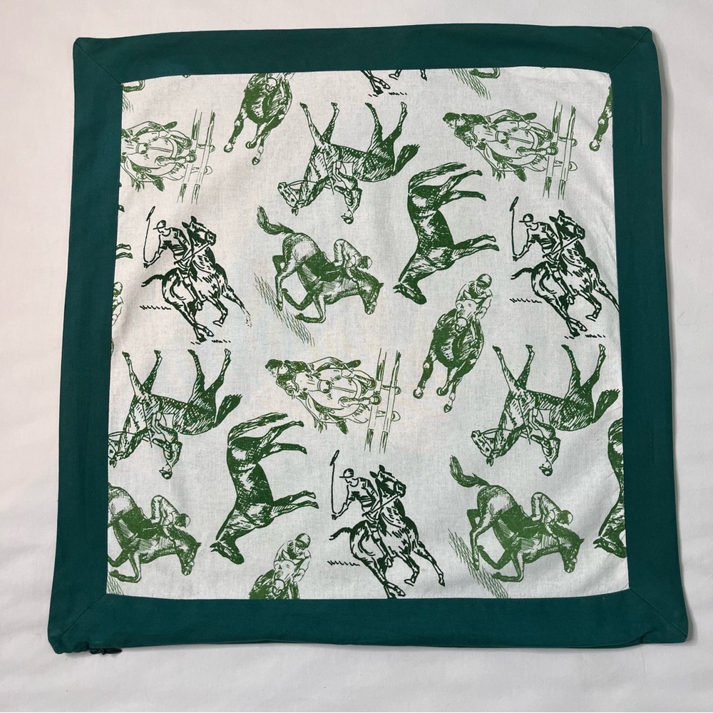 Pomegranate Green and White Equestrian Print Pillow Case. 19.5" Square